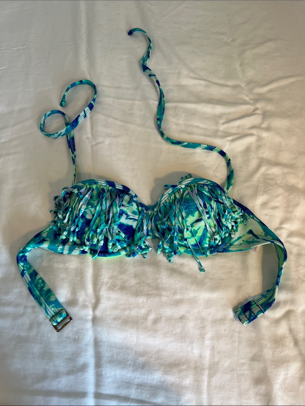 Tie-Dye Fringe Bikini Top - Halter - Blue Green - Removable Padding - Small